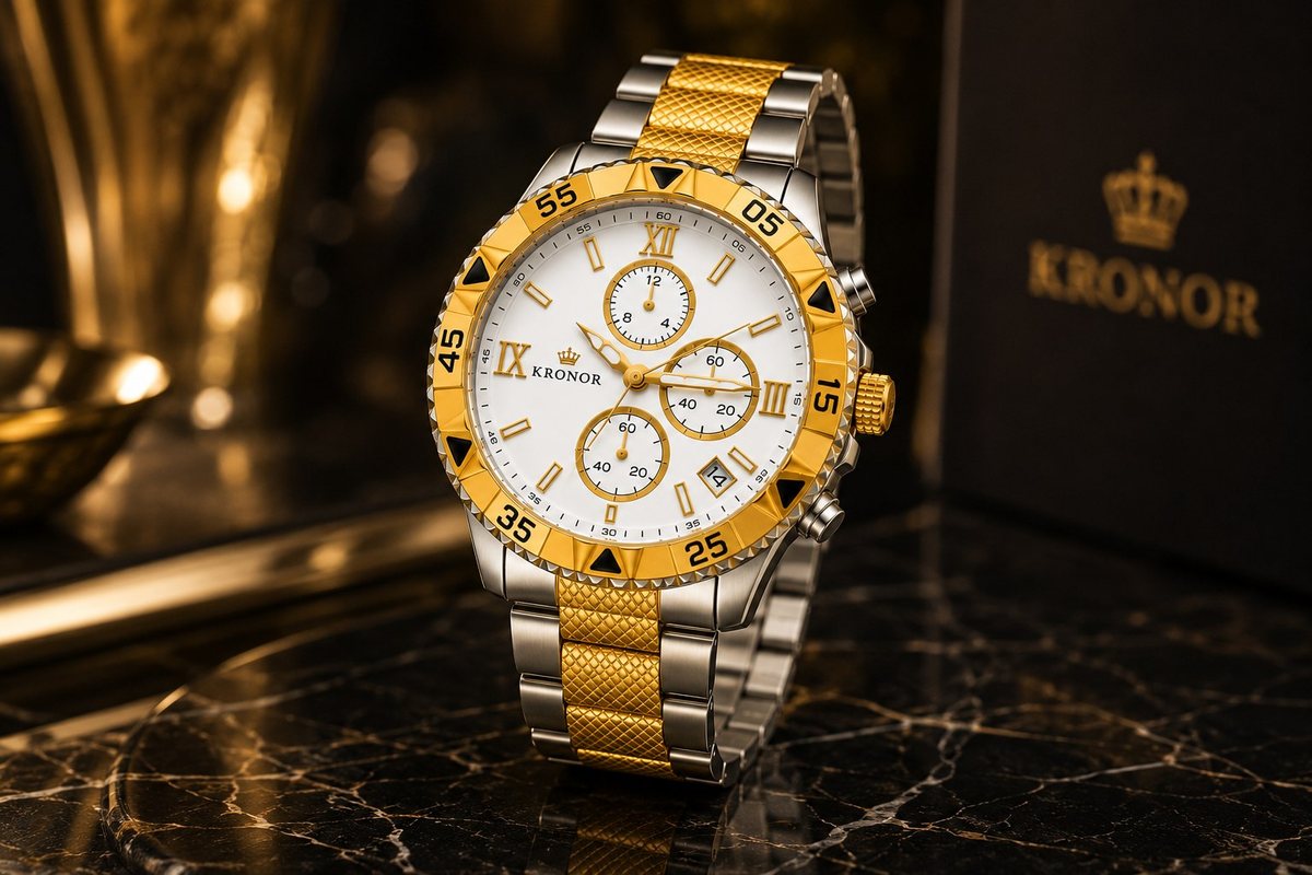 KRONOR AETERNUM with white dial and two-tone bracelet, on a marble surface