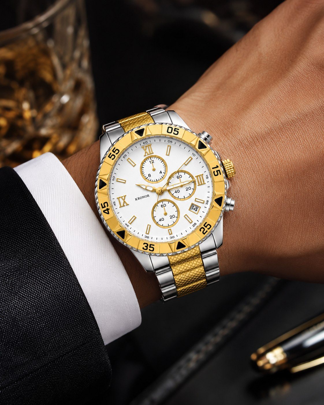 KRONOR AETERNUM worn on the wrist with a white shirt cuff