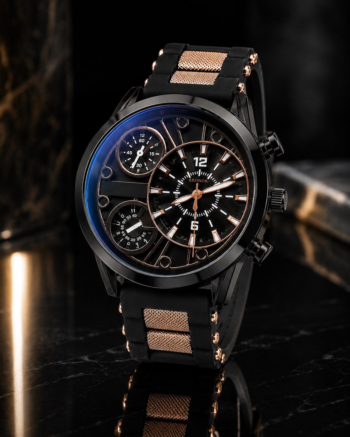 KRONOR ANIMA with black dial and black and rose-gold-toned bracelet